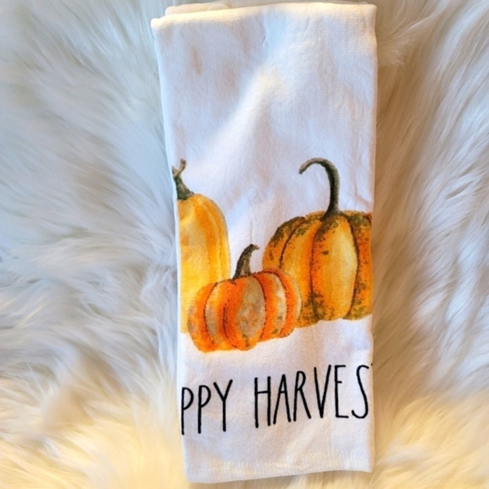 Rae Dunn Happy Harvest Kitchen towels set of 2 orange pumpkins 16in x 26in